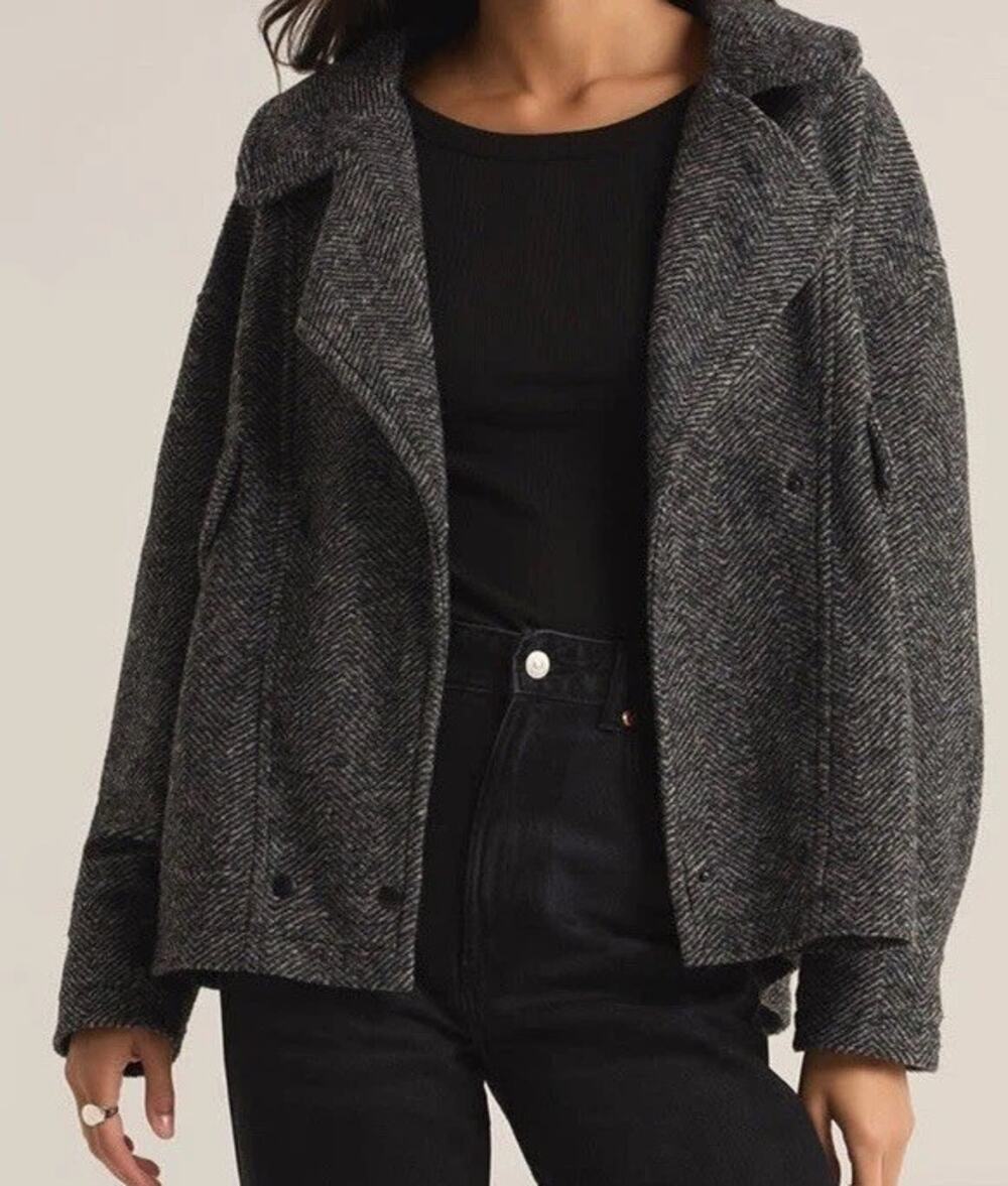 Z Supply Ari Herringbone Coat Biker Bomber Charcoal Heather Sz L